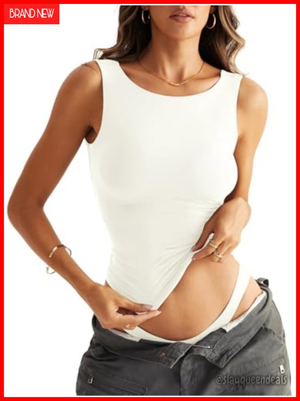Womens Double Lined Tank Top Sleeveless Boat Neck Backless Top